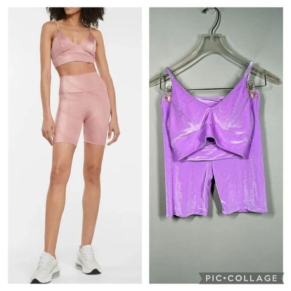 Lanston Sport Pants - Atheleisure yoga Pilates active biker shorts & bra set lilac purple velvet XS